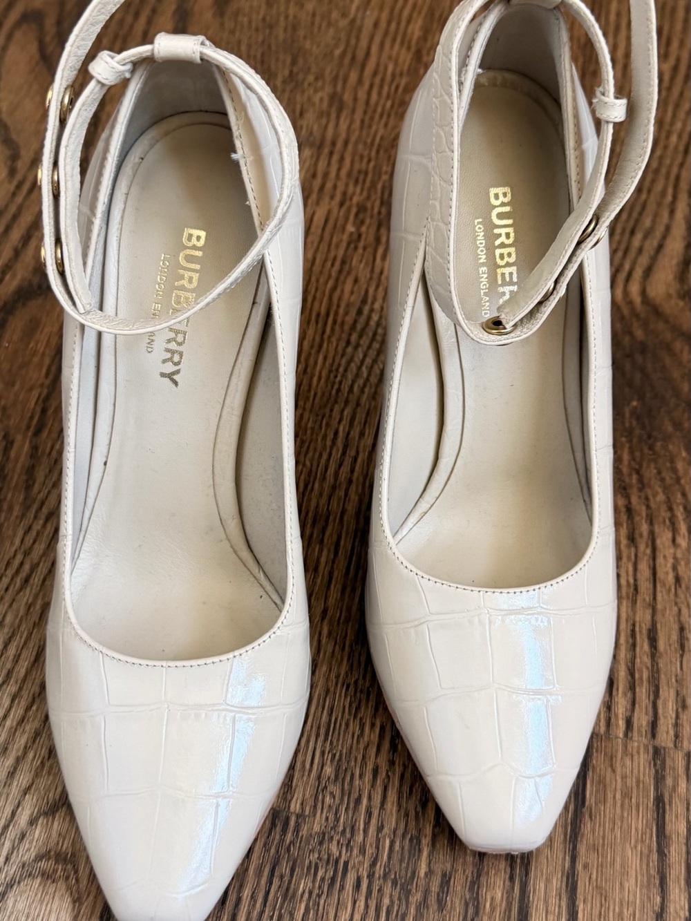 Burberry Cream Croc-Embossed Pointed Ankle-Strap Pumps